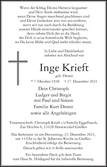 Traueranzeige von Inge Krieft von Die Glocke