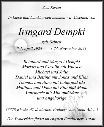 Traueranzeige von Irmgard Dempki von Die Glocke