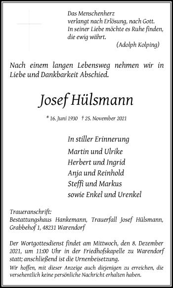 Traueranzeige von Josef Hülsmann von Die Glocke