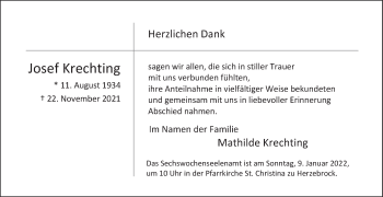 Traueranzeige von Josef Krechting von Die Glocke