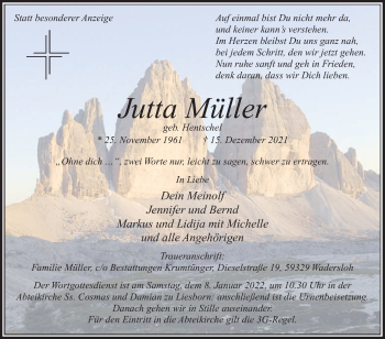 Traueranzeige von Jutta Müller von Die Glocke