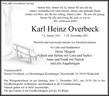 Traueranzeige von Karl Heinz Overbeck von Die Glocke