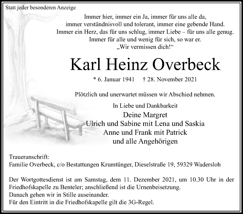  Traueranzeige für Karl Heinz Overbeck vom 04.12.2021 aus Die Glocke