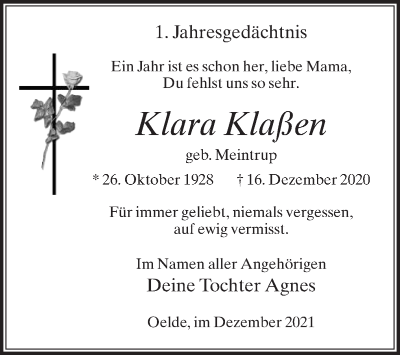  Traueranzeige für Klara Klaßen vom 18.12.2021 aus Die Glocke