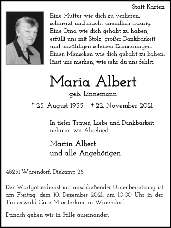 Traueranzeige von Maria Albert von Die Glocke
