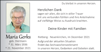 Traueranzeige von Maria Gerks von Die Glocke