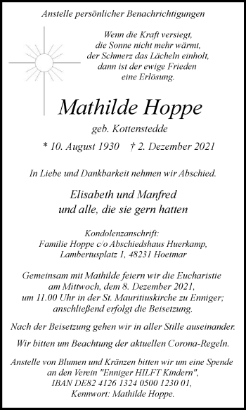 Traueranzeige von Mathilde Hoppe von Die Glocke