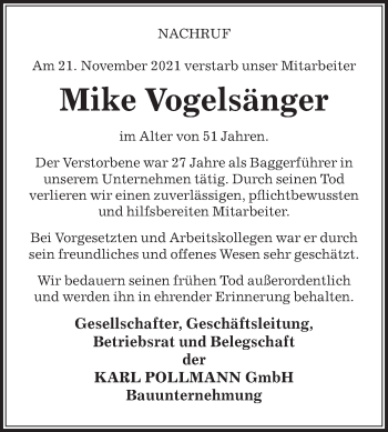 Traueranzeige von Mike Vogelsänger von Die Glocke