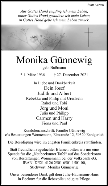 Traueranzeige von Monika Günnewig von Die Glocke