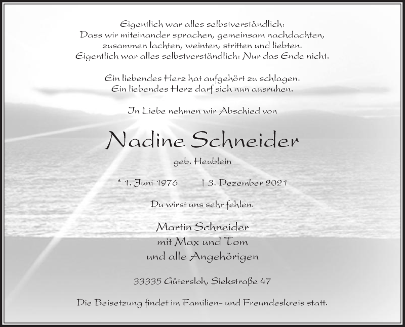  Traueranzeige für Nadine Schneider vom 08.12.2021 aus Die Glocke