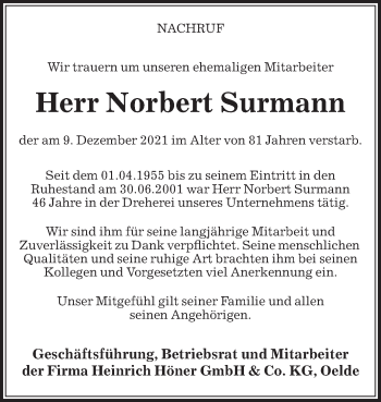 Traueranzeige von Norbert Surmann von Die Glocke