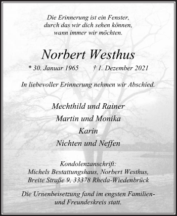 Traueranzeige von Norbert Westhus von Die Glocke