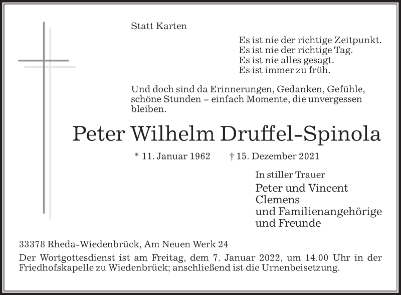  Traueranzeige für Peter Wilhelm Druffel-Spinola vom 29.12.2021 aus Die Glocke