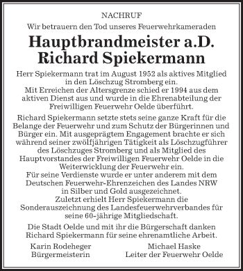 Traueranzeige von Richard Spiekermann von Die Glocke