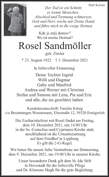 Traueranzeige von Rosel Sandmöller von Die Glocke