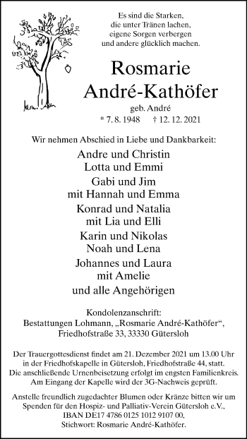 Traueranzeige von Rosmarie André-Kathöfer von Die Glocke