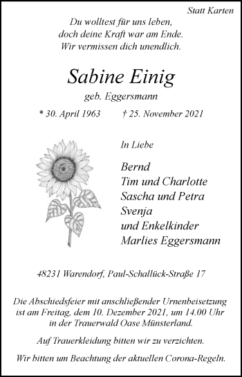 Traueranzeige von Sabine Einig von Die Glocke