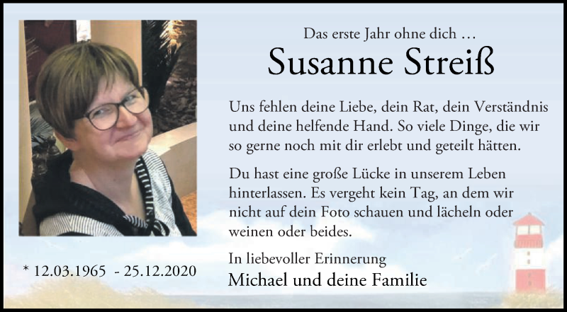  Traueranzeige für Susanne Streiß vom 24.12.2021 aus Die Glocke