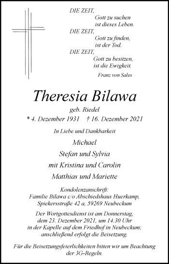 Traueranzeige von Theresia Bilawa von Die Glocke