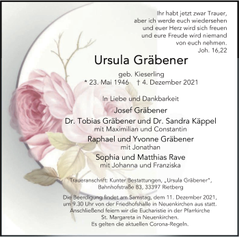 Traueranzeige von Ursula Gräbener von Die Glocke