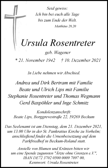 Traueranzeige von Ursula Rosentreter von Die Glocke