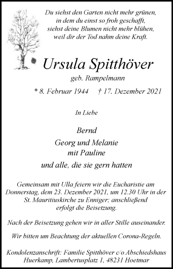 Traueranzeige von Ursula Spitthöver von Die Glocke