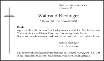 Traueranzeige von Waltraud Riedinger von Die Glocke