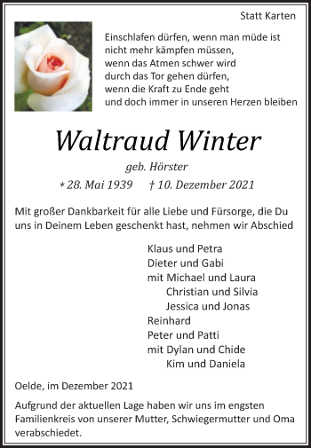 Traueranzeige von Waltraud Winter von Die Glocke