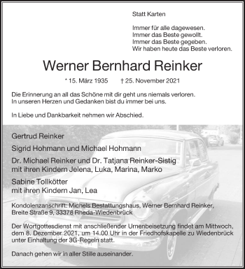 Traueranzeige von Werner  Reinker von Die Glocke