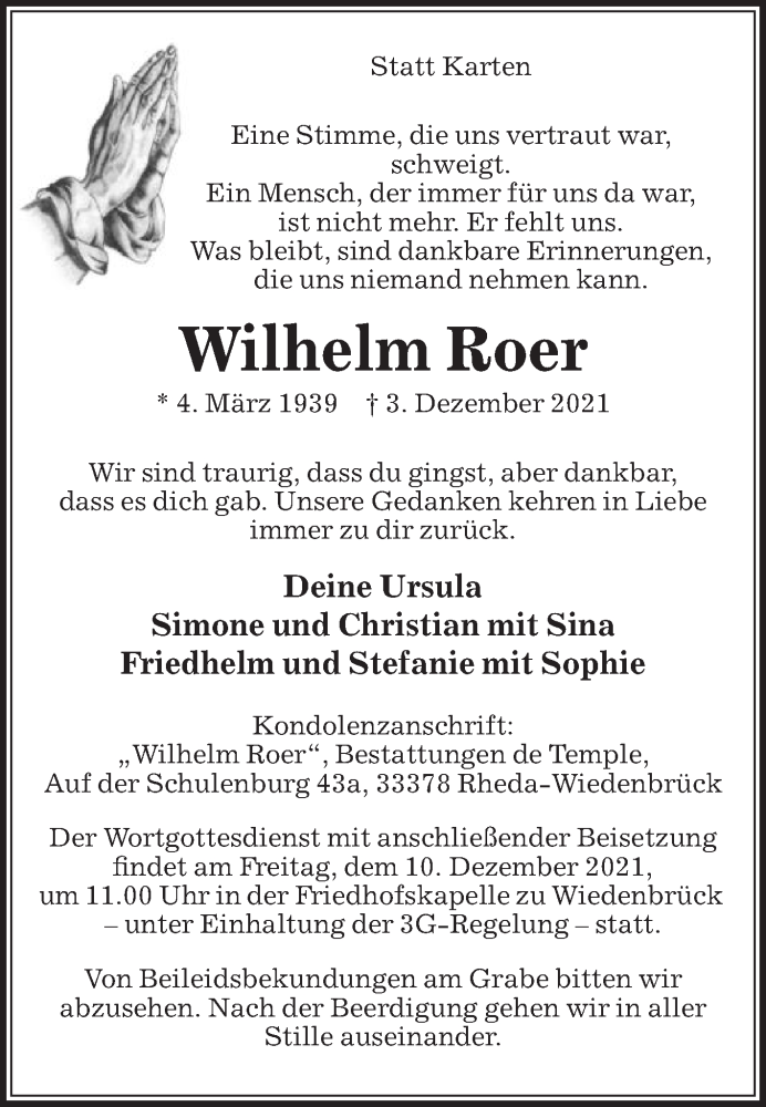  Traueranzeige für Wilhelm Roer vom 08.12.2021 aus Die Glocke