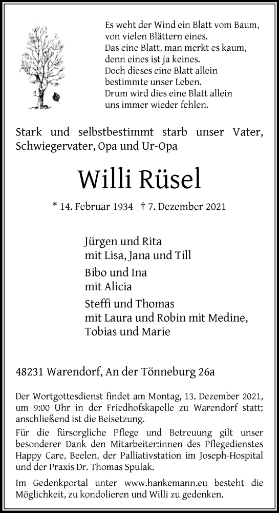  Traueranzeige für Willi Rüsel vom 10.12.2021 aus Die Glocke