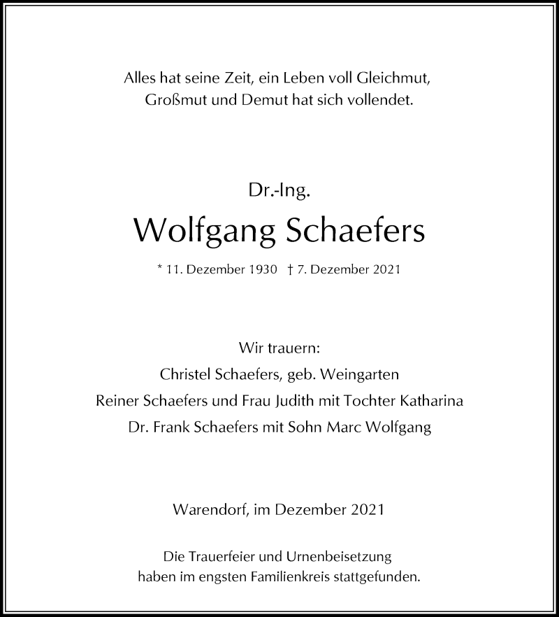  Traueranzeige für Wolfgang Schaefers vom 18.12.2021 aus Die Glocke