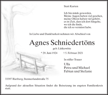 Traueranzeige von Agnes Schniedertöns von Die Glocke