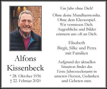 Traueranzeige von Alfons Kissenbeck von Die Glocke