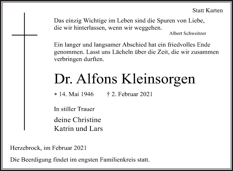  Traueranzeige für Alfons Kleinsorgen vom 06.02.2021 aus Die Glocke