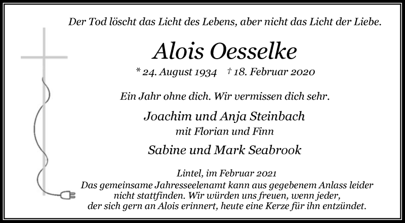  Traueranzeige für Alois Oesselke vom 18.02.2021 aus Die Glocke