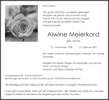 Traueranzeige von Alwine Meierkord von Die Glocke