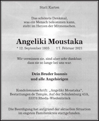 Traueranzeige von Angeliki Moustaka von Die Glocke