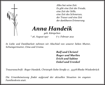 Traueranzeige von Anna Handeik von Die Glocke