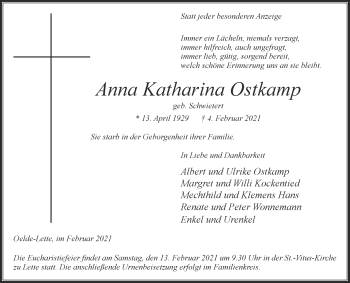 Traueranzeige von Anna Katharina Ostkamp von Die Glocke