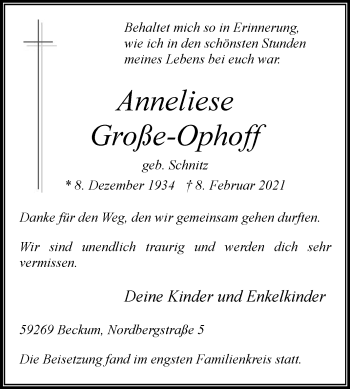 Traueranzeige von Anneliese Große-Ophoff von Die Glocke