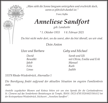 Traueranzeige von Anneliese Sandfort von Die Glocke