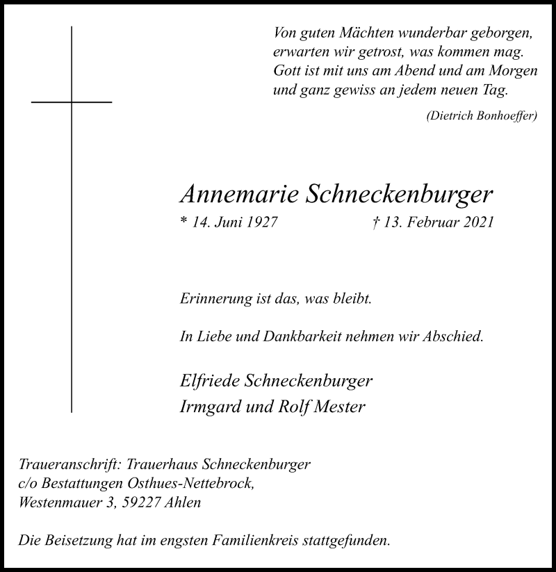  Traueranzeige für Annemarie Schneckenburger vom 24.02.2021 aus Die Glocke