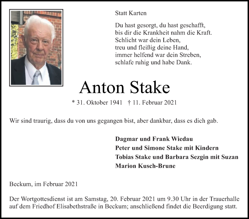  Traueranzeige für Anton Stake vom 13.02.2021 aus Die Glocke