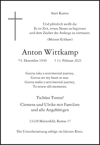 Traueranzeige von Anton Wittkamp von Die Glocke