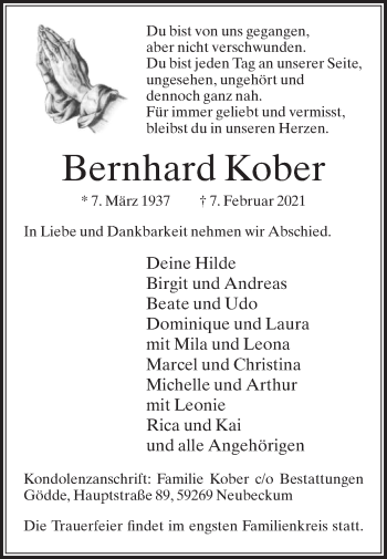 Traueranzeige von Bernhard Kober von Die Glocke