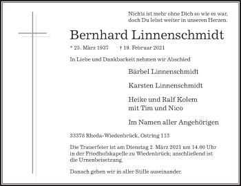 Traueranzeige von Bernhard Linnenschmidt von Die Glocke