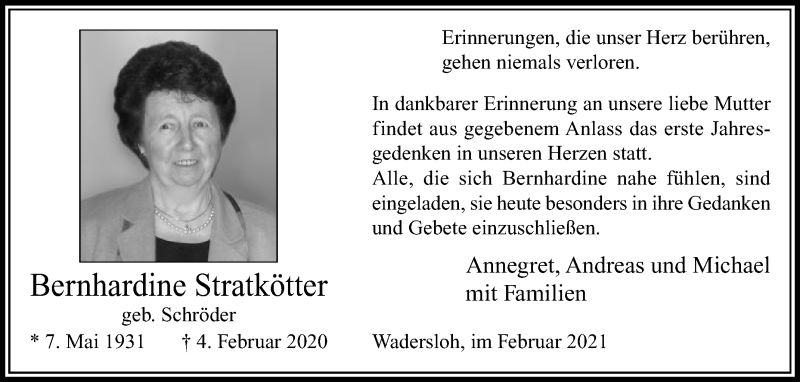  Traueranzeige für Bernhardine Stratkötter vom 04.02.2021 aus Die Glocke