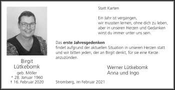 Traueranzeige von Birgit Lütkebomk von Die Glocke