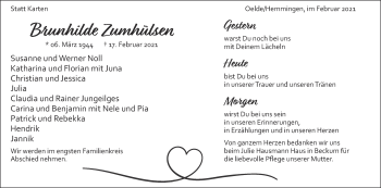 Traueranzeige von Brunhilde Zumhülsen von Die Glocke